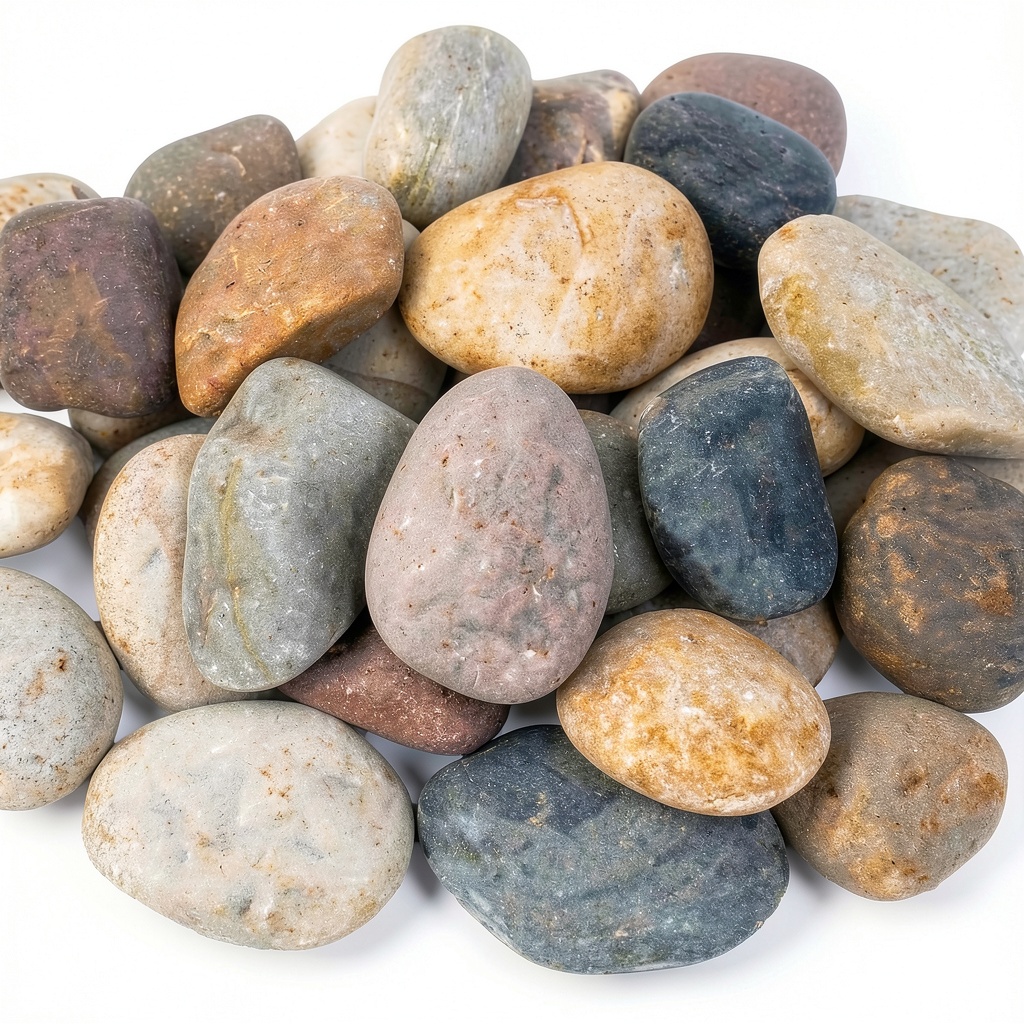 'Pulovin natural river stones arranged in a garden bed'